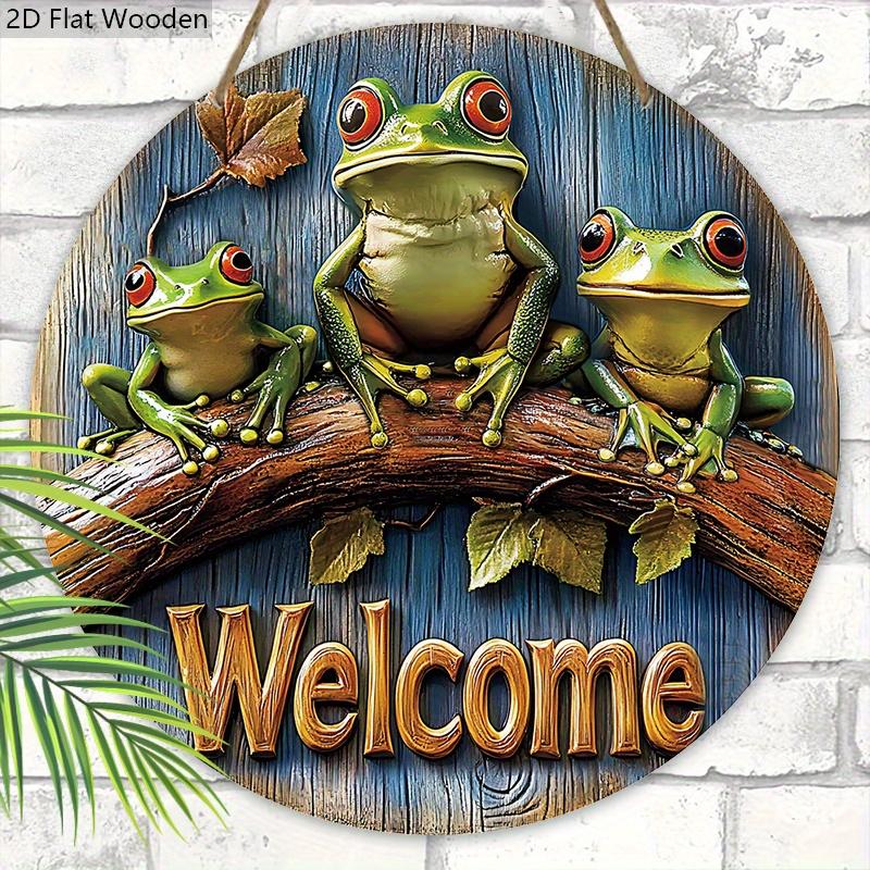 Unique Wooden Welcome Sign with Rainforest Tree Frog Pattern - Round Sign for Front Door, Wall Hanging Decor - Ideal Home Hanging Ornament