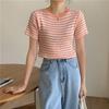 Dámské letní tenké pruhované hedvábné tričko s krátkým rukávem a vysokým pasem
