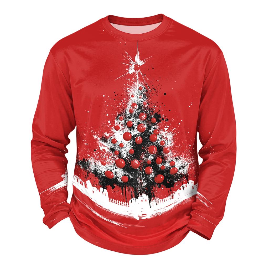 Men's Big Size Loose Fit Long Sleeve Neck T-Shirt with Christmas Print for Winter