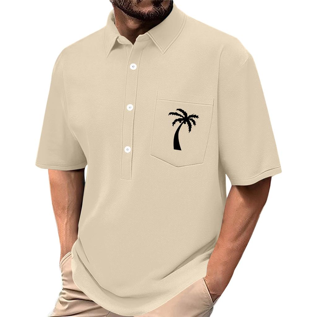 Men's Summer Solid Color Print Four-sided Stretch Lapel Button Pocket Shirt Casual Sports Short-sleeved Top