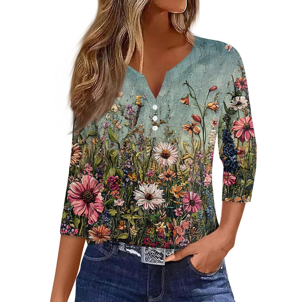 Women's T Shirt Tee Print Button  3/4 SleeveDaily Weekend Fashion Basic V- Neck Regular Top