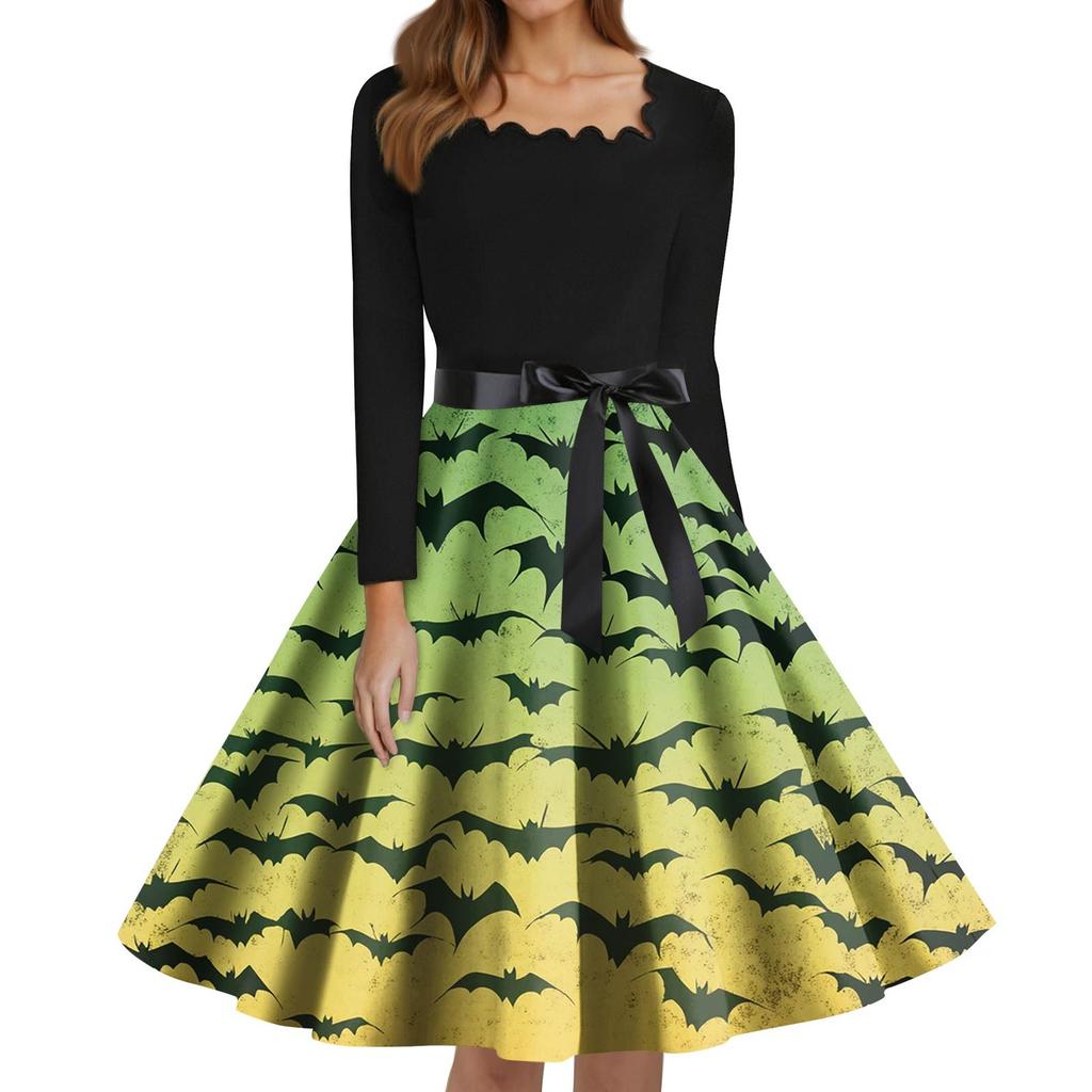 Women's Fashion Square Neck Casual Slim Halloween Printed Long Sleeve Dresses