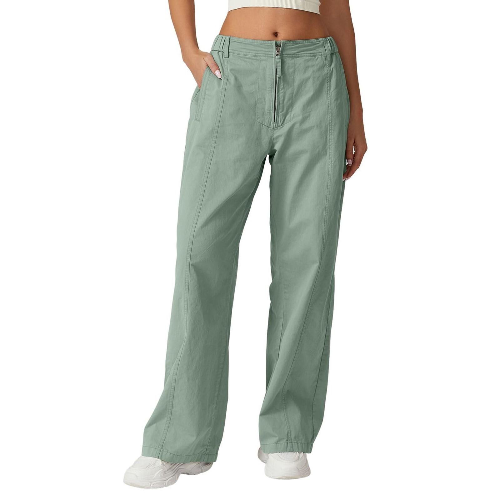 

Womens Zip Front Wide Leg Long Pants High Waist Causal Cargo Pants Cotton Pocket Palazzo Pants L