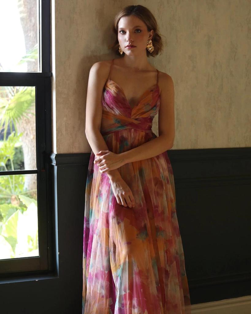 Cross2026 Europe Spring/Summer Mesh Print Spaghetti Strap Dress - INS Vacation Casual Party Style