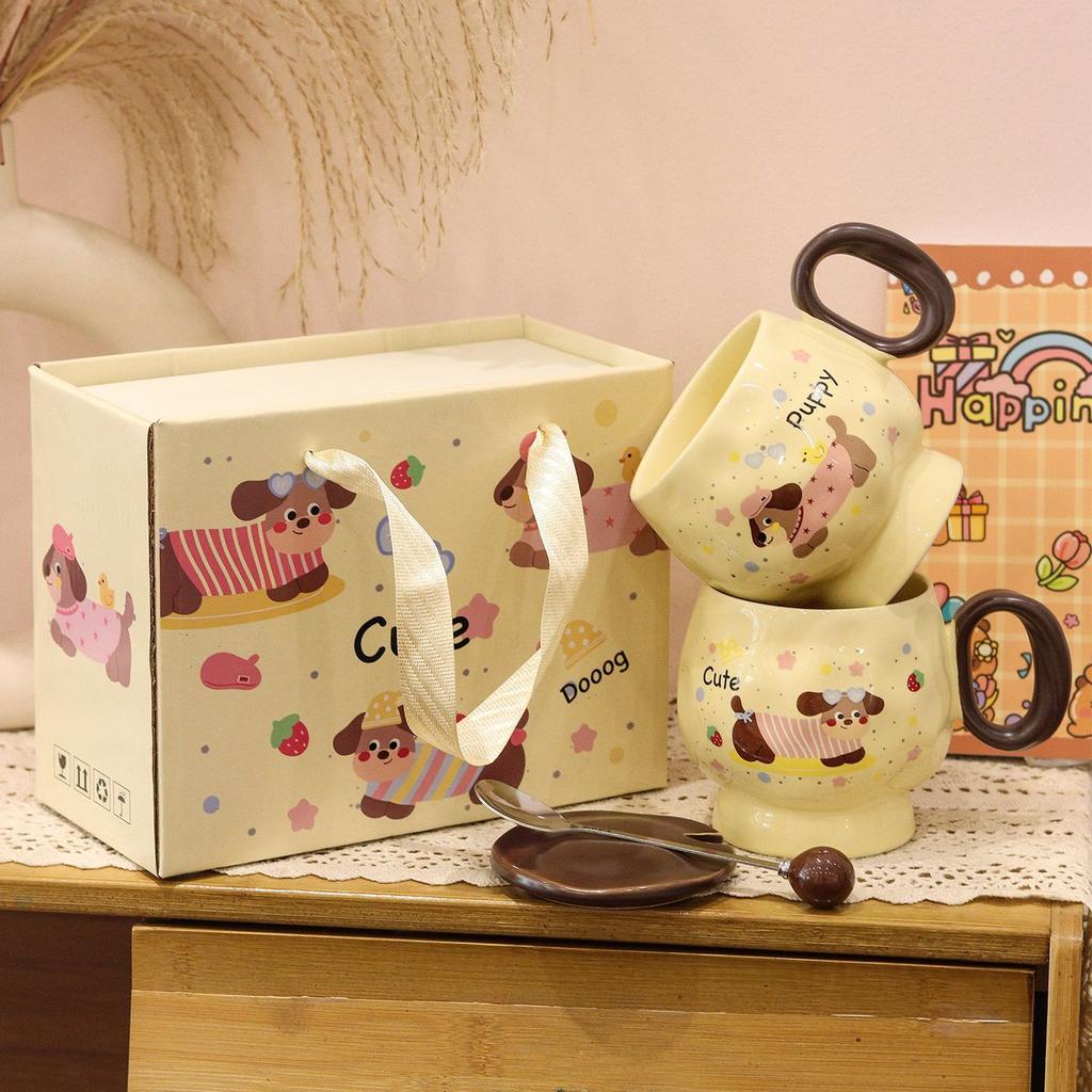 Dachshund Water Cup High Appearance Level  Large Capacity Mug Ceramic Cup  Covered Spoon  Breakfast Cup  Souvenir Gift Box