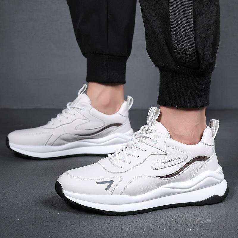 Eather Sports Shoes for Men New White Shoes Top Layer Cowhide Casual Shoes with Plush Versatile Thick Soled Dad Shoes