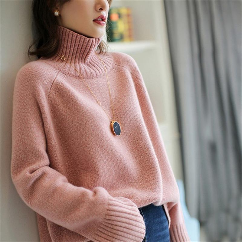 Autumn and Winter Versatile Pullover Knitted Solid Color Turtleneck Pullover Sweater Women's Lazy Loose Casual Bottoming Shirt Women's Tide