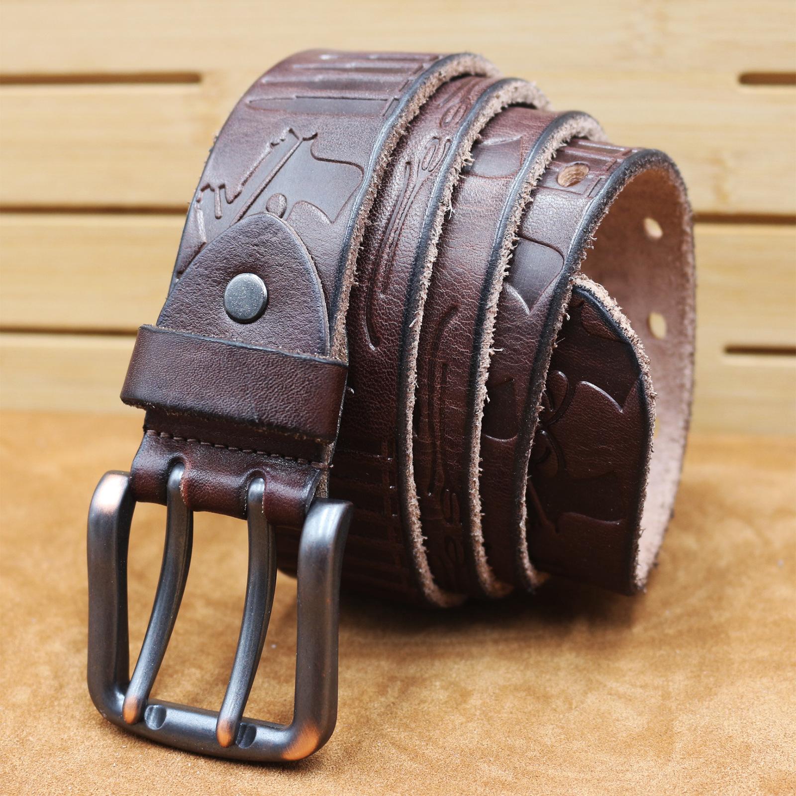 

High-end Retro Trend English Embossed Head Layer Cowhide Belt Men s Genuine Leather Double-pin Buckle Versatile Casual Denim Belt 130cm