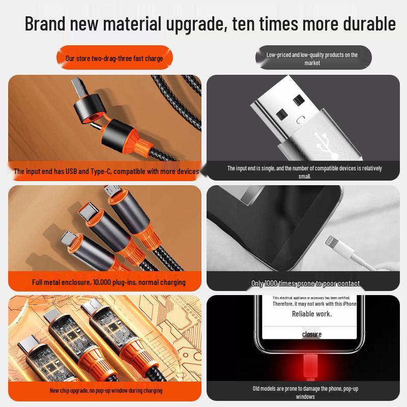 100W Fast Charging 3-in-1 Data Cable for Apple, Huawei, and Android Devices