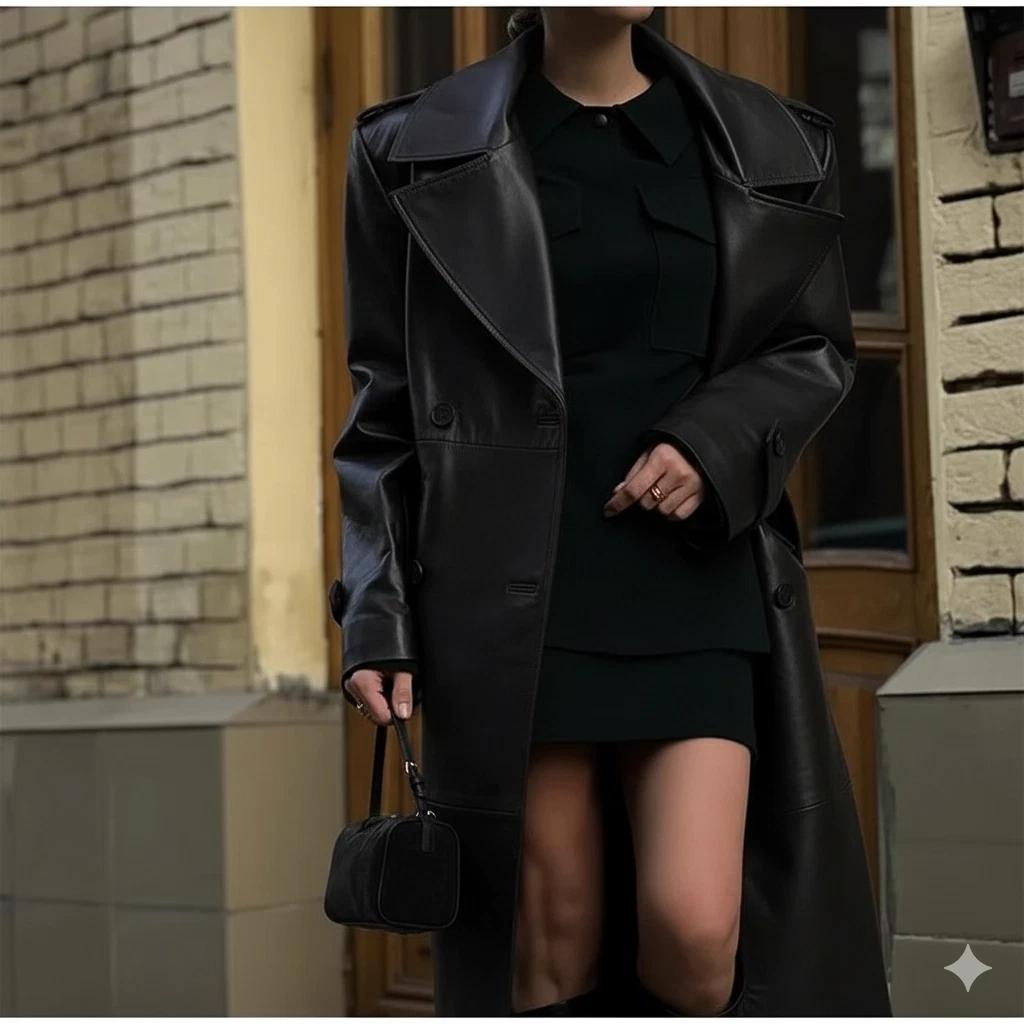 Dámský kožený trenčkot z jehněčí kůže Střih Pravý Nový Černý Ručně šitý Měkký Ležérní