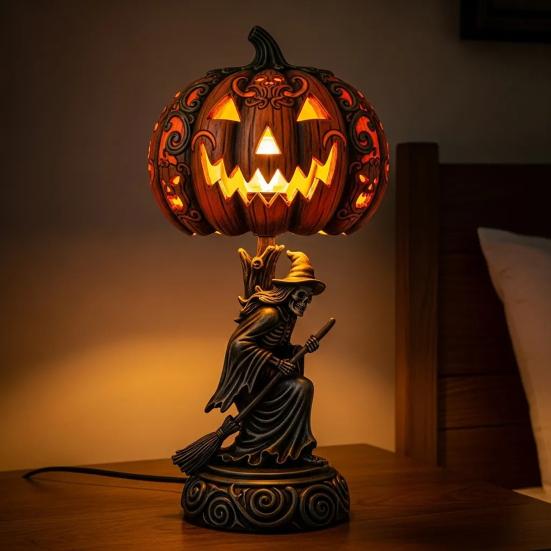 Pumpkin Night Light Halloween Horror Skeleton Ghost Witch Pumpkin Lantern Resin LED Tabletop Lamp for Gothic Room Desk Decorr