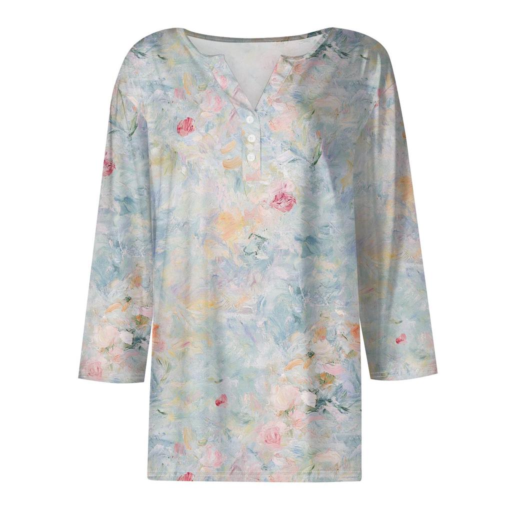 Kadın Tişört Baskılı Düğme 3/4 Kol Günlük Hafta Sonu Modası Temel V Yaka Normal Üst