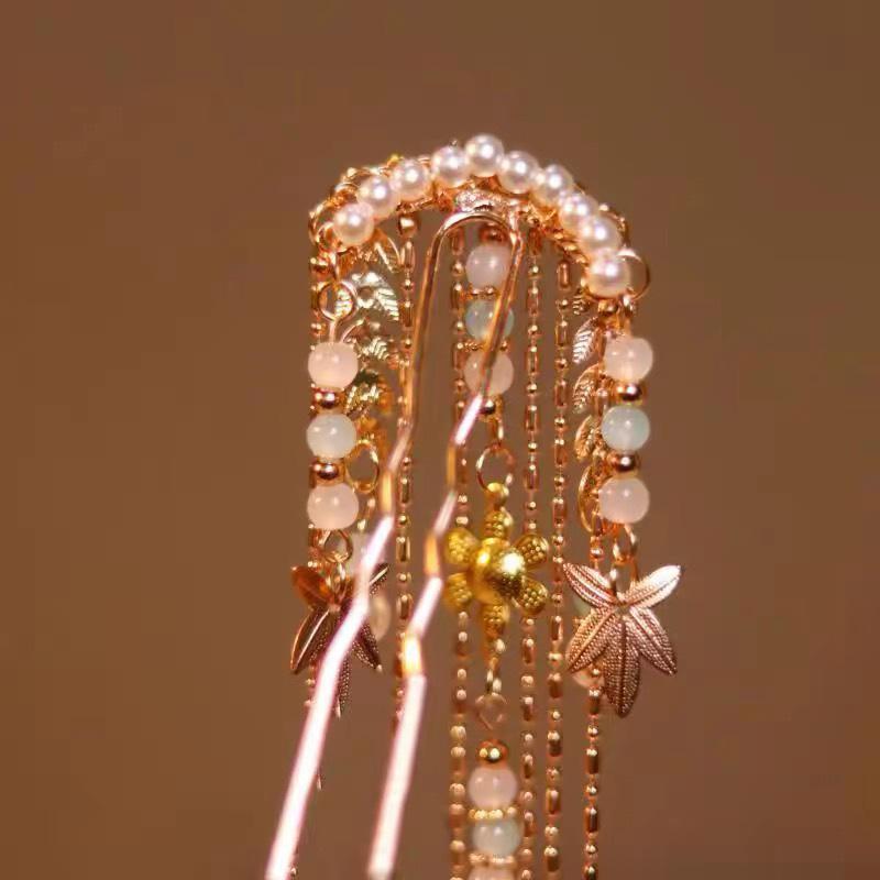 Tang Style Maple Leaf Tassel Hairpin - Mid-Autumn Hanfu Headdress