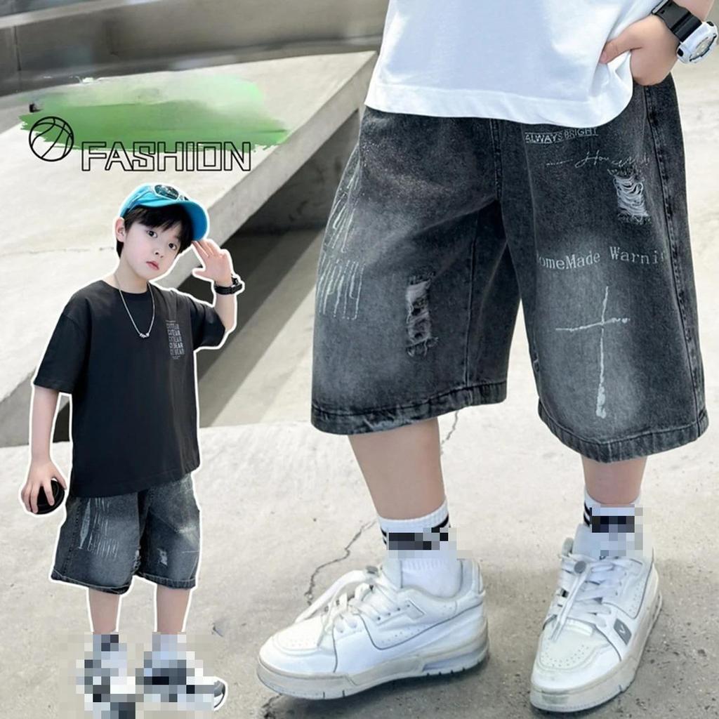 Streetwear Jungen Zerrissene Jeansshorts Schwarz Sommer Locker Lässig Knielang Alter 5-14 Jahre Kinder Mode