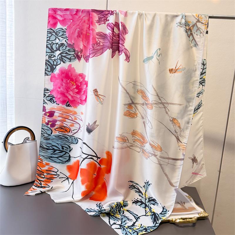

Simple And Elegant Rose Print Simulation Silk Brocade Fashion Sunscreen Silk Scarf Long Scarf Silky Shawl Versatile Headscarf Scarf 180*80cm