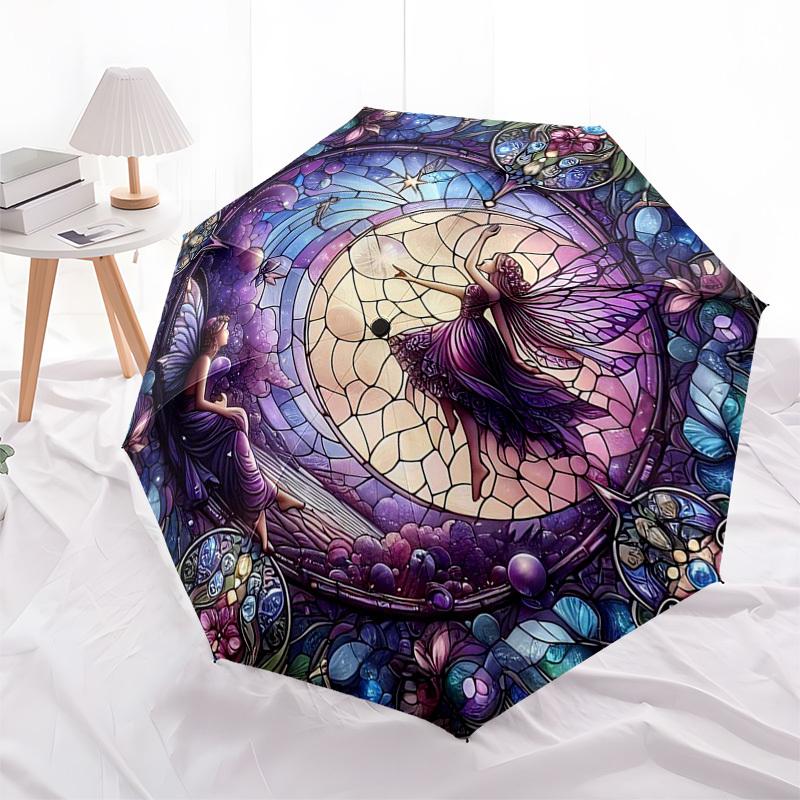 1pc Stained Glass Fairy Design Automatic Opening Folding Umbrella with 8-Bone Iron Frame, Suitable for Fans, Travel, Daily Use, Ideal Gift for Festiva