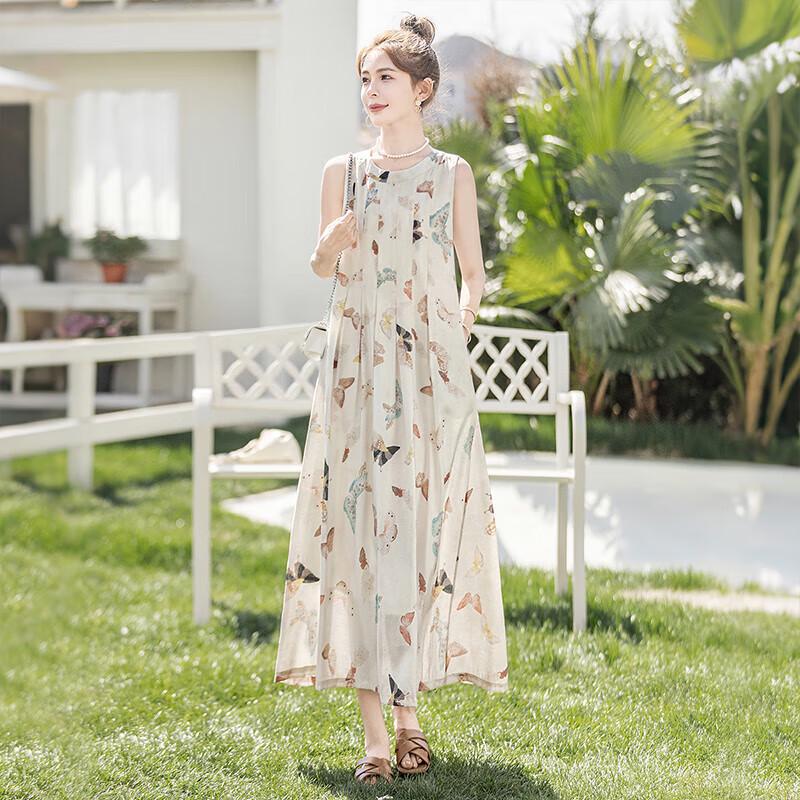 Women's Butterfly Print Sleeveless A-Line Midi Dress