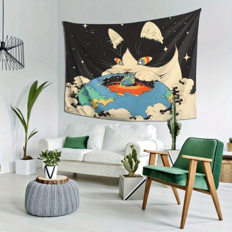 Fun Cartoon Cat Pattern Digital Printing Polyester Wall Tapestry Suitable for Use In Living Rooms Bedrooms Offices Bars Party