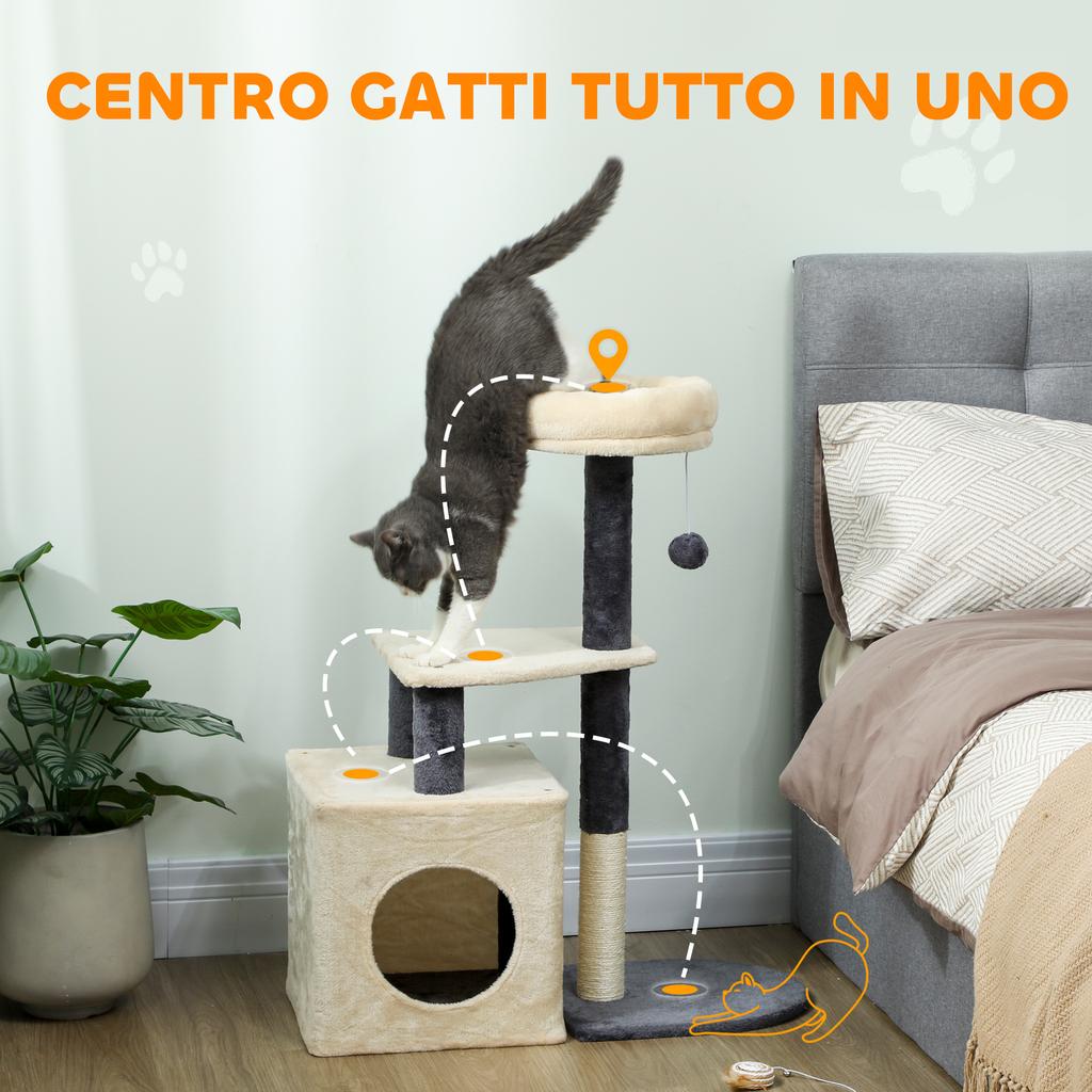 Cat Scratching Tree 92 cm Tall with House, Bed, Sisal Posts and Ball, Cream White