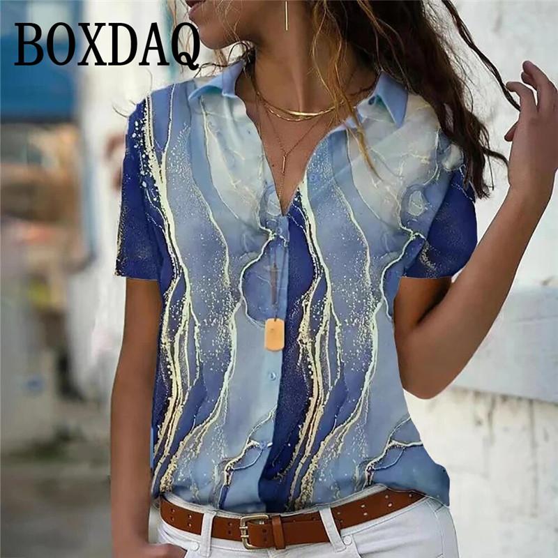 New Spring Wome Blouses Fashion Abstract 3D Marble Printed Shirts Casual Button Short Sleeve Loose Shirt Elegant Summer Top
