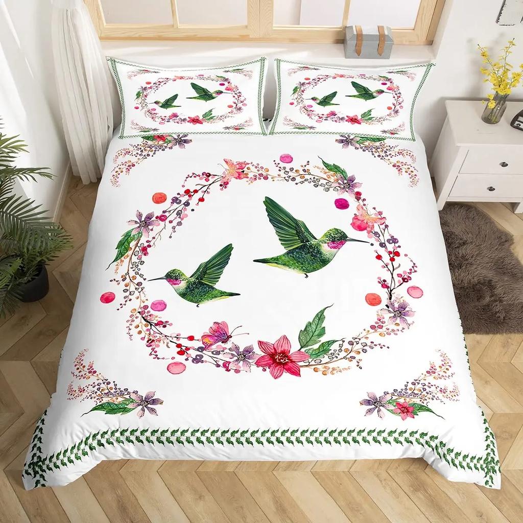 Kolibri Bettbezug-Set Doppelgröße Mädchen Gartenvögel Bauernhaus Blume Floral Bettwäsche-Set Kolibri-Liebhaber Bettdeckenbezug