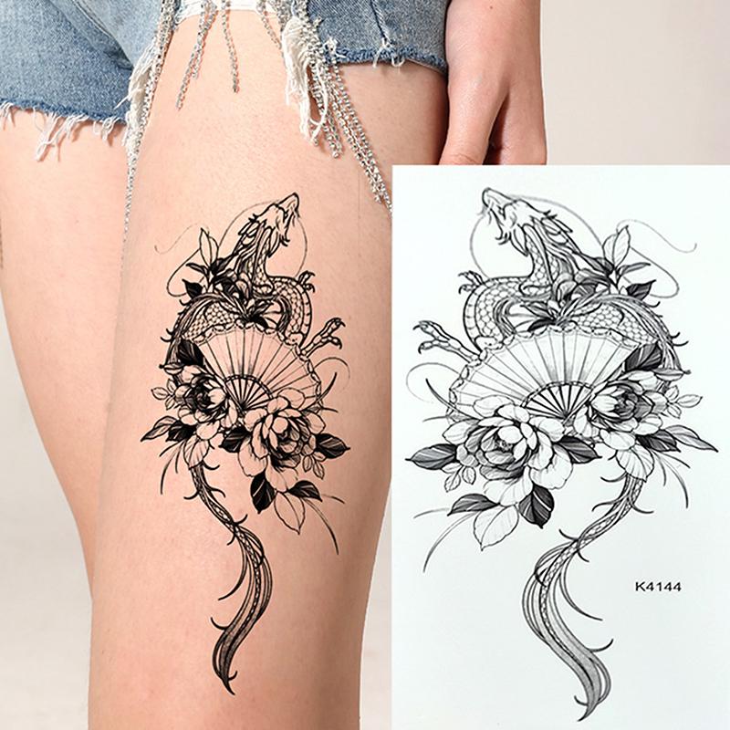 Temporary Tattoos Sketch Line Black Snake Dragon Rose Flowers Fake Tattoo Stickers Arm Sleeve Thigh Sexy Women Body Art Girls