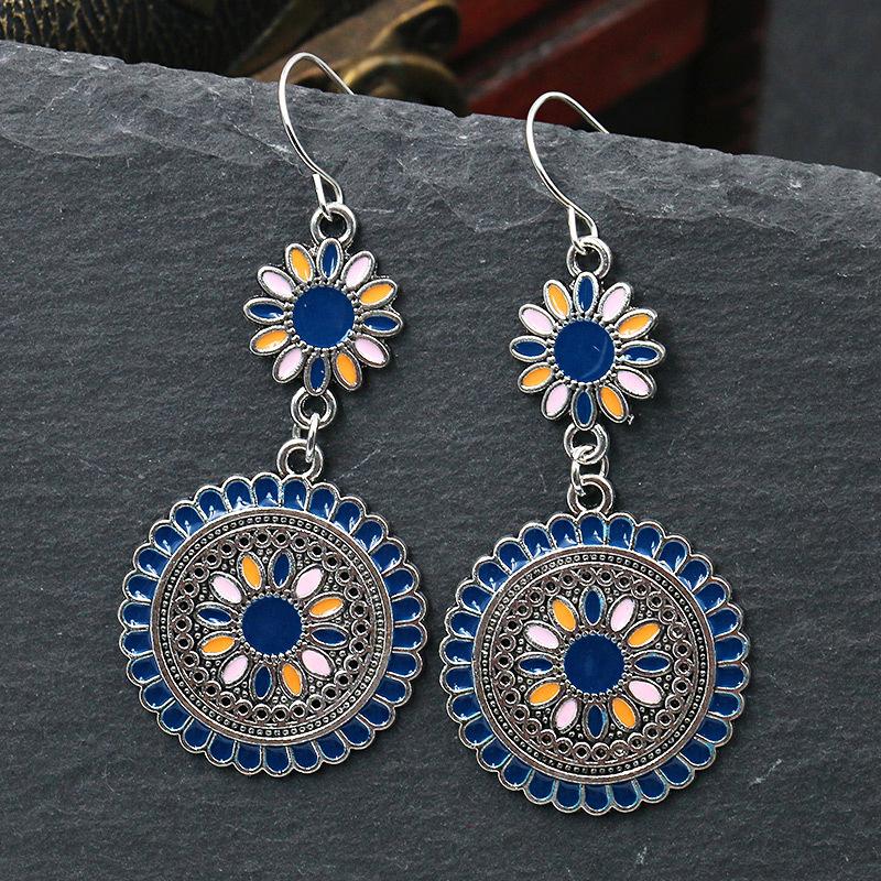 Ethnic Boho Colorful Enamel Earrings For Women Bomemian Retro Hollow Flower Round Geometric Vintage Drop Dangle Earrings Jewelry