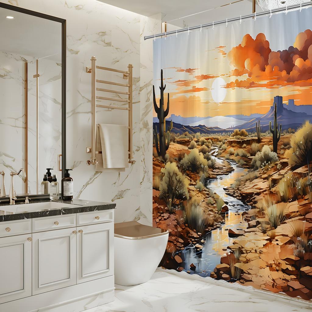 Desert Sunset Shower Curtain - Cactus Silhouettes, Orange Sky & Mountains, Polyester Fabric, Digital Painting