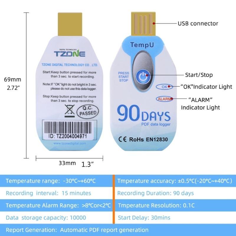 Temperature Recorder PDF Report Temperature Logger Temperature Data Logger 10000 Points 30/60/90 Days Cold Chains