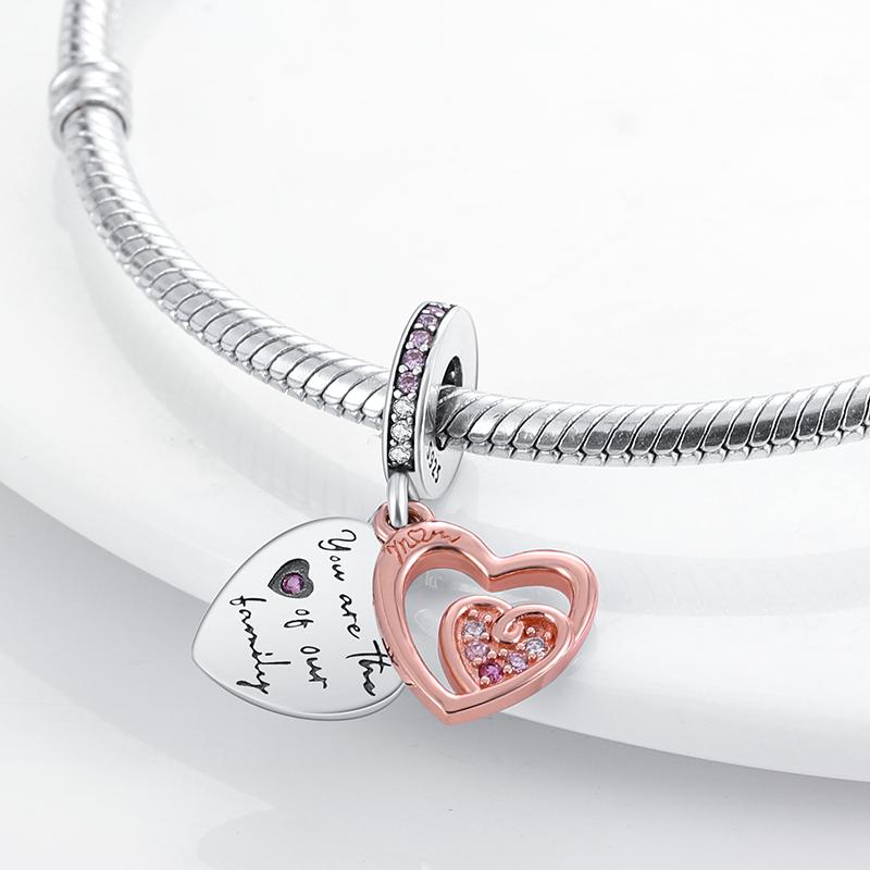 Rose Gold Leaf Bead Sparkling CZ Flower & Heart 925 Silver Dangle Charms Fit Original Fasion Bracelet Diy