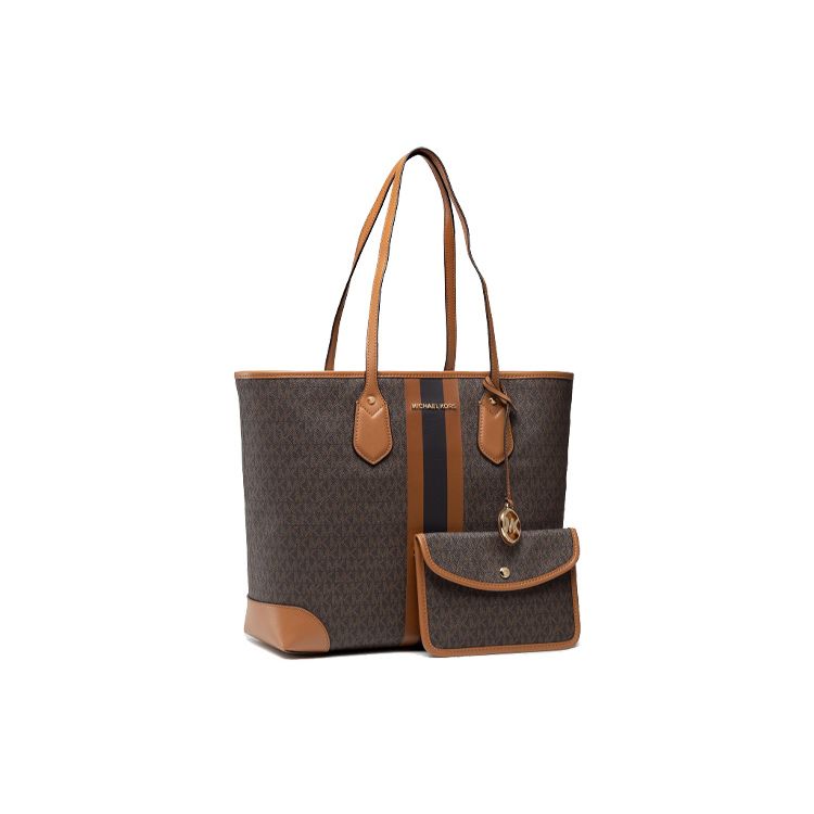 Michael Kors MK Eva Floral Logo Stripe Letter Color Block Open Tote Bag Women Tote Bags Acorn-Brown 30T9GV0T7B-BRN-ACORN