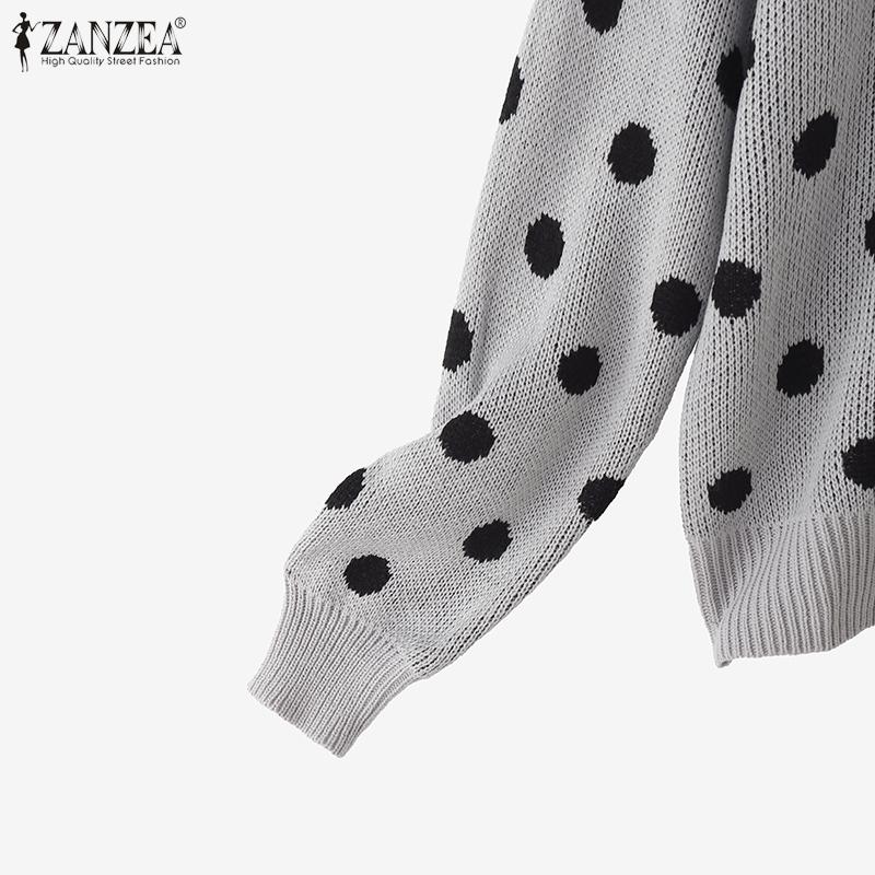 ZANZEA Womens Casual Crew Neck Polka Dots Knitted Pullovers Sweaters Jumpers