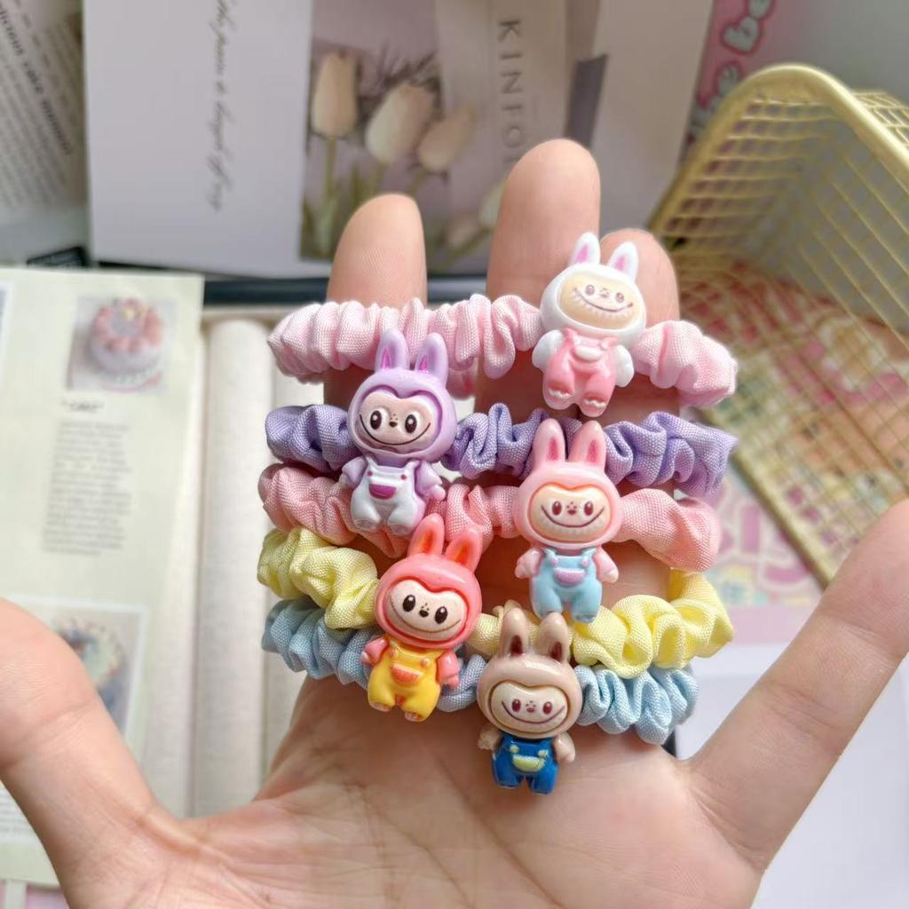5 Pics Cute Labubu Off-white Intestine Ring Hair Tie - Elastic Fabric Cartoon Style for Kids & Women