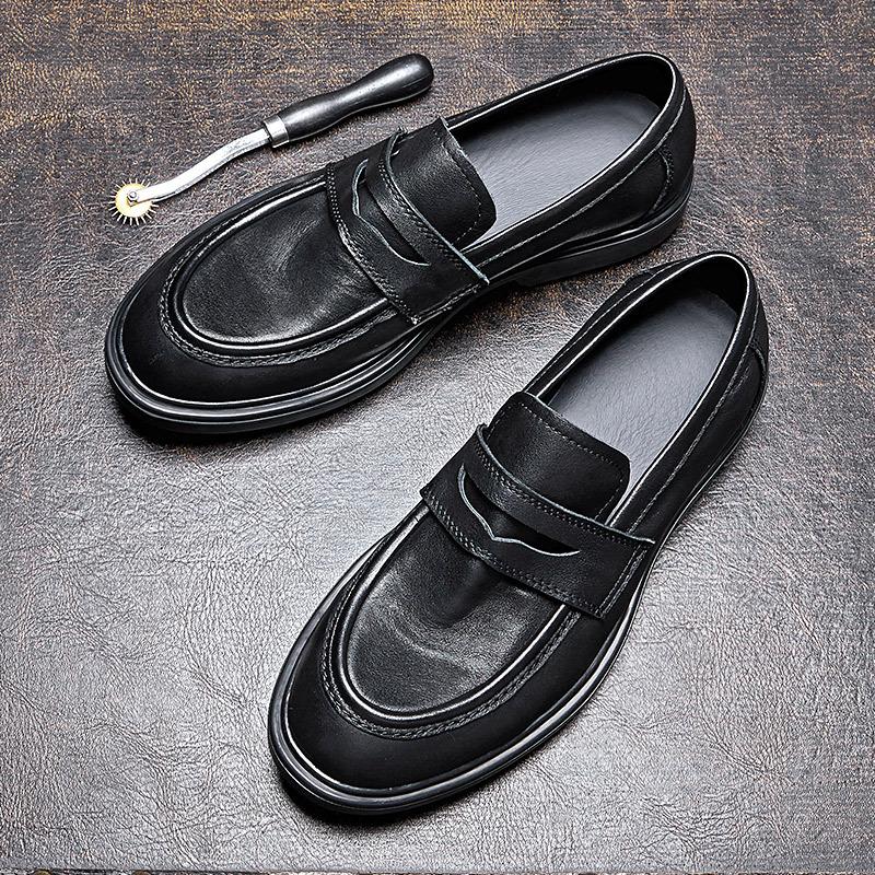 Thick-Soled Black Small Leather Shoes Men'S Genuine Leather Single Shoes British Style Versatile Loafers Retro Polish High-End