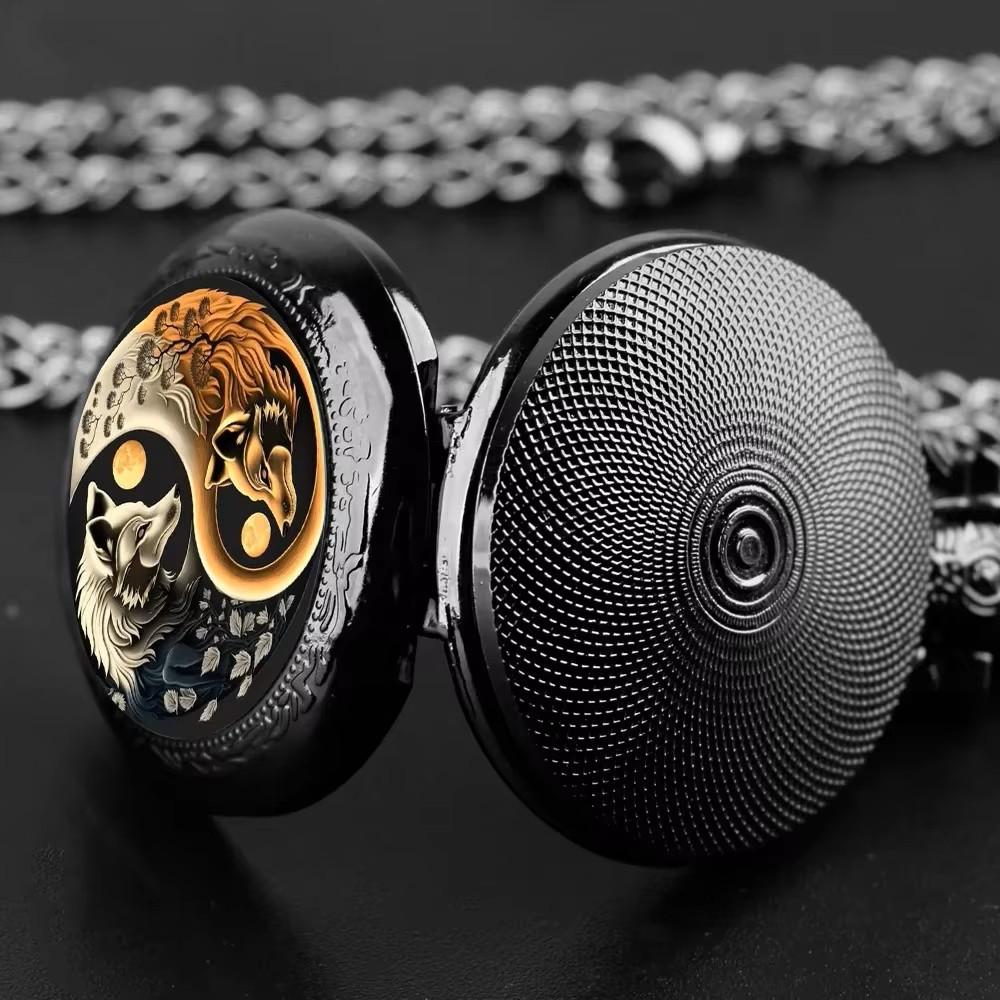 Vintage Retro Gold Bronze Doppel Wolf Yinyang Quarz Unisex Männer Frauen Taschenuhr Quarz Halskette Anhänger Uhr Kette Klassische Zifferblatt Schmuck Geschenk
