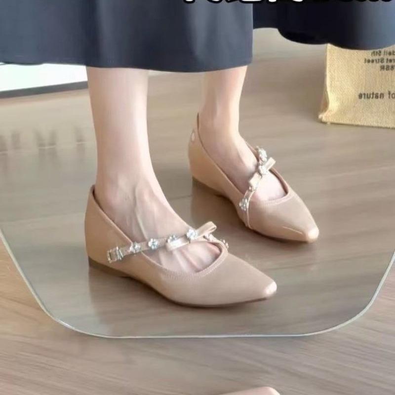 Fashion Inside Heightened Rhinestone Single Shoes 2025 New Pointed Toe Flat Versatile Mary Jane Women's Shoes