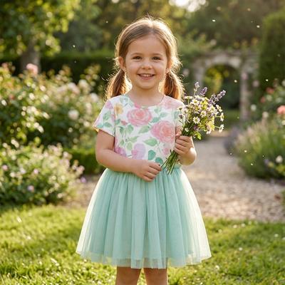 Rochie de Tul pentru Fete Vară Stil Nou Rochie Pentru Copii Mici Gât Rotund Mânecă Scurtă Rochie Drăguță de Prințesă