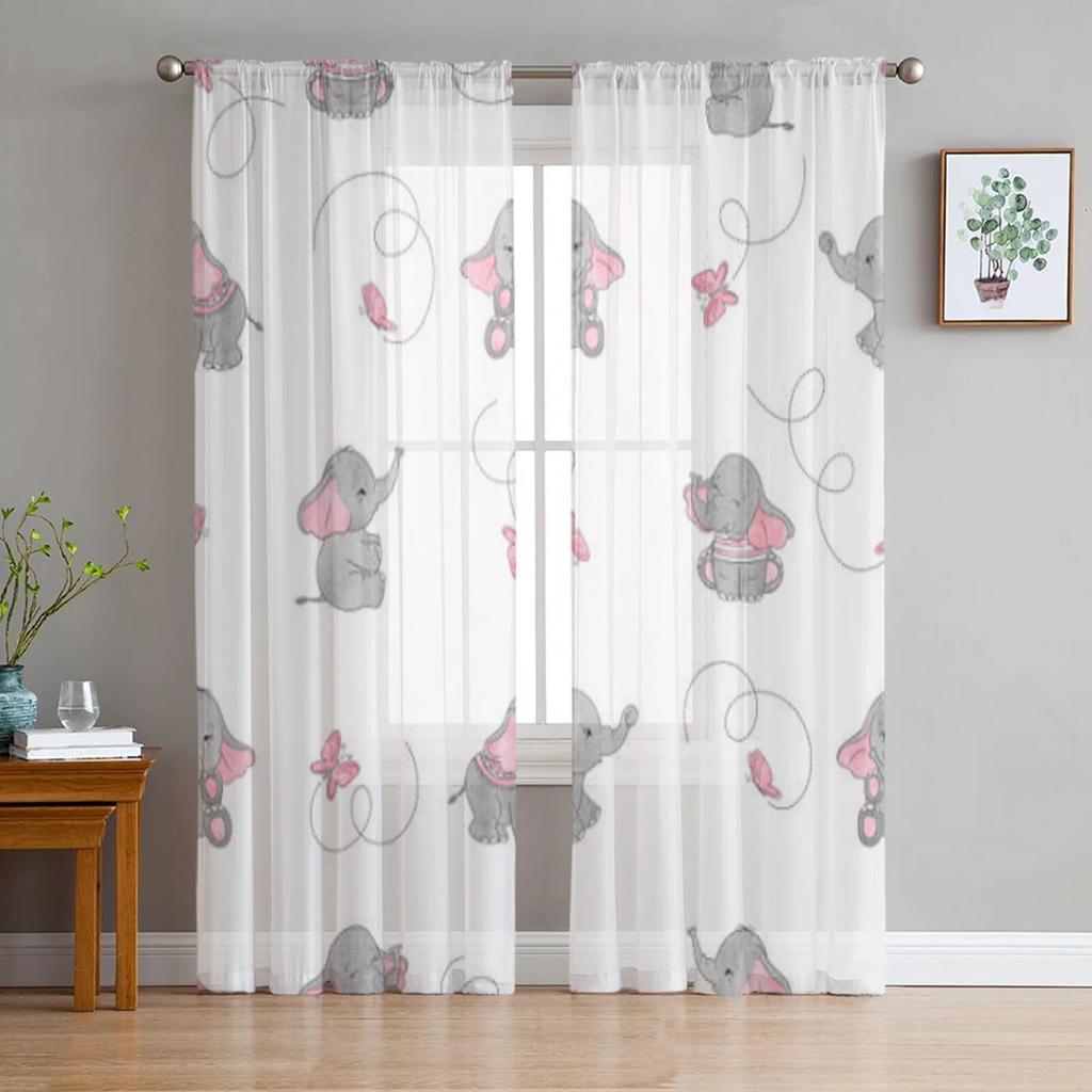 Elephant Mom And Baby Tulle Sheer Curtains For Kitchen Window Living Room Modern Voile Curtain Bedroom Drapes