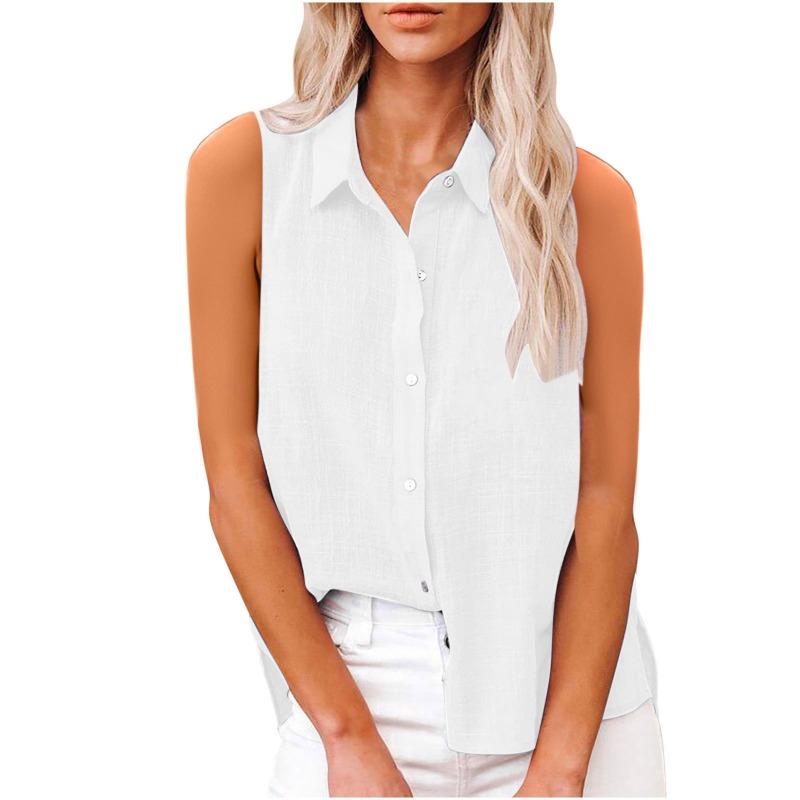 Summer Fashion Sleeveless Women Shirt Lapel Loose Casual Simple Office Blouse Plus Size Ladies Solid Color Elegant Basic Tops Clothing