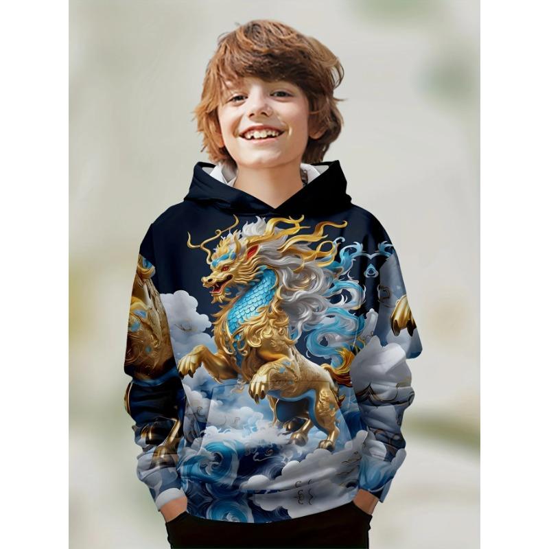 Autumn 3D Dragon Printed Hoodies Fashionable Casual Sports Long Sleeved Children's Boy Hooded Sweatshirts
