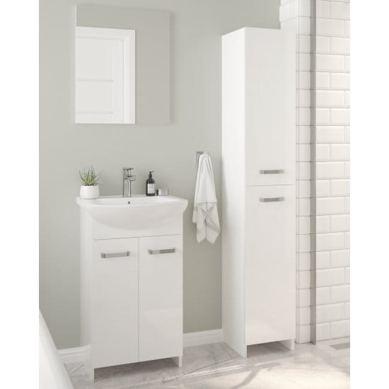 Bathroom cabinet with a washbasin on legs 85x50, standing, white Mila, with an elongated chrome tap