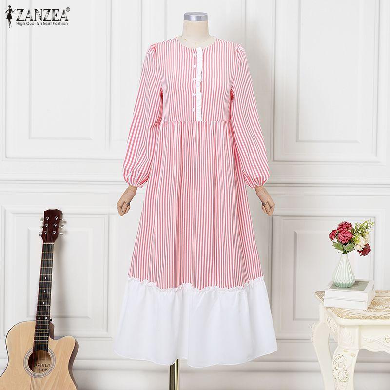 ZANZEA Women Stripe Print Loose Casual Long Sleeve Splice Long Dress