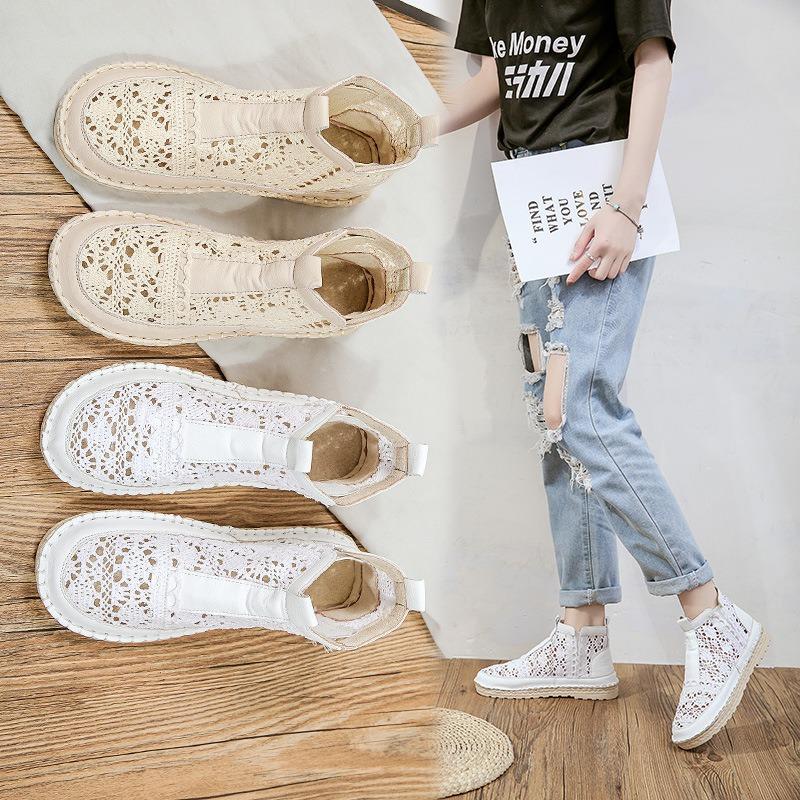 New Mori straw shoes lace short boots bag head sandals fairy wind flat bottom breathable women's shoes cool boots