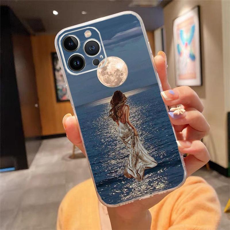 Phone Case For Iphone 17 Pro Max Air 16 15 14 13 Pro Max 15 16 Pro 15Plus Moon Night Planet Girl