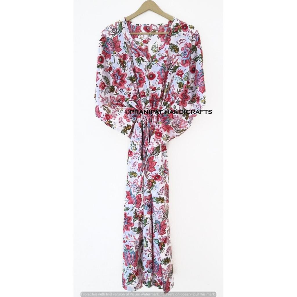 Pijama de vară din bumbac pentru femei, cu imprimeu floral, albă, lungă, maxi, etnică, tip caftan, CKFTN-SCRN-FULL-BUYIT-066
