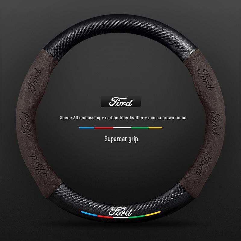 Genuine Leather Suede Carbon Fiber Steering Wheel Cover for JMC Ford Territory 2019-2021, Universal All-Season Model