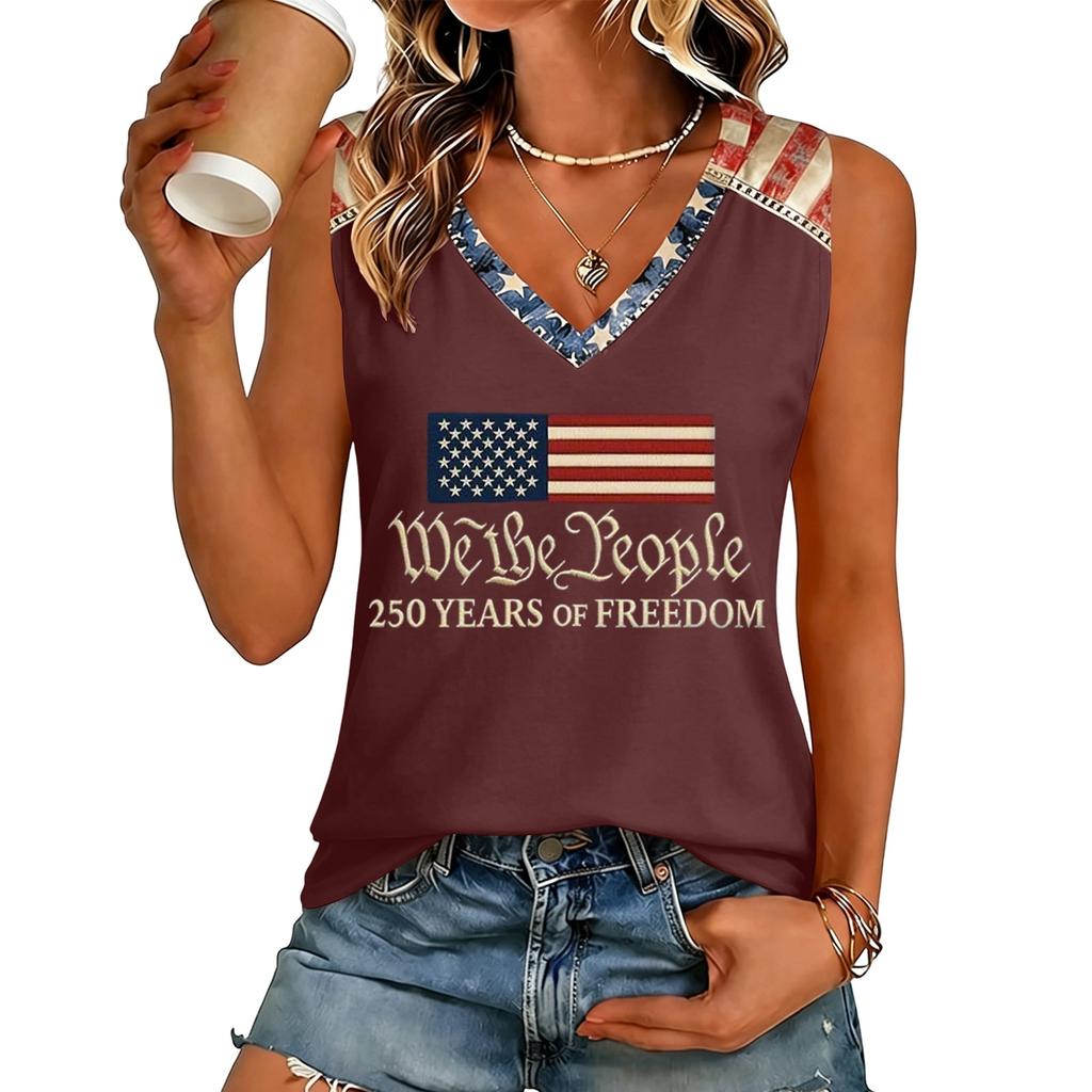 Women V Neck Casual Sleeveless Tank Top 250 Years Of Freedom Letter Print Lightweight Summer Shirt Sleeveless Blouse