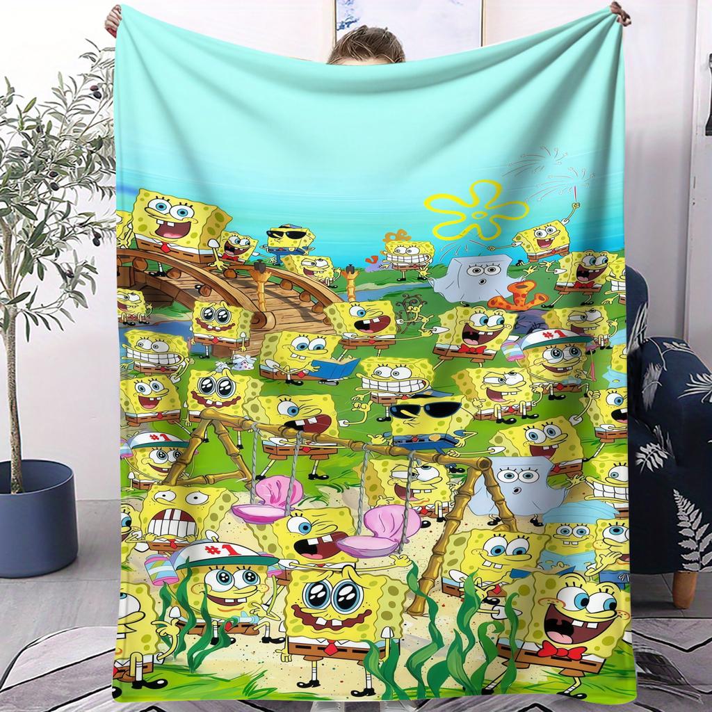Multiple Cute SpongeBob Cartoon Print Pattern Flannel Blanket Soft Multifunctional Decortive Universal Throw Blanket Gift