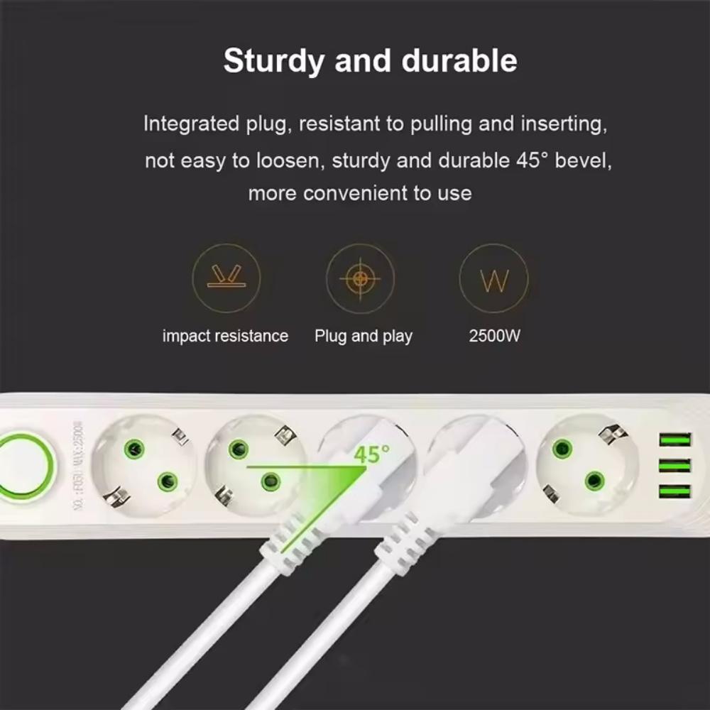 1111W Power Strip with 1USB Ports EU Plug Socket 1m Extension Cable Fast Charging Round Pin AC Outlet Electrical Charger Adapter