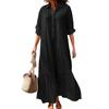 Vestido Camisa de Algodão Linho Feminino Manga Longa Decote V Botões Vestido Maxi Casual